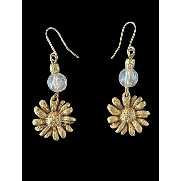Express Jewelry - Vintage Flower Sunflower Daisy Dangle Earrings Gold Tone Signed Express
